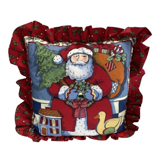 Vintage Christmas Pillow With Santa Print & Ruffled Edges Retro Folk Art NOS - Picture 1 of 4